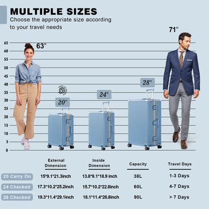 Luggage Aluminium Frame PC ABS Hardshell Suitcase with Spinner Wheels TSA Lock Zipperless Luggage 28 inch Silver