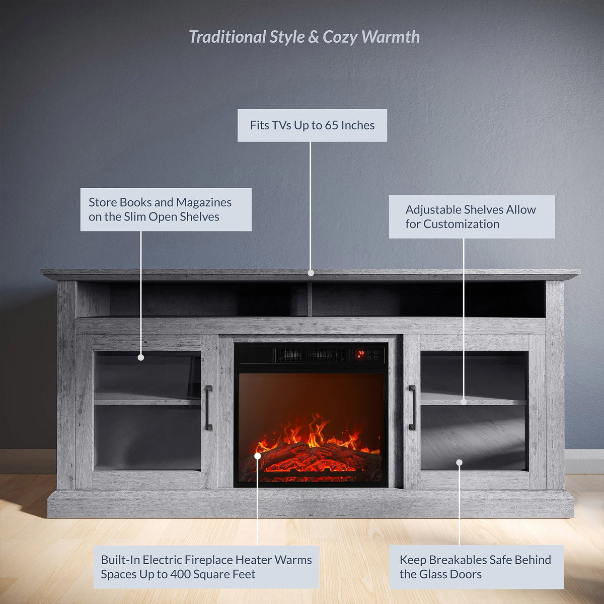 BELLEZE 60" TV Stand with 18" Electric Fireplace, Traditional TV Stand for TVs up to 65", Modern Media Entertainment Center Console Table with Open Storage Shelves & Cabinets - Cayman (Rustic Grey)
