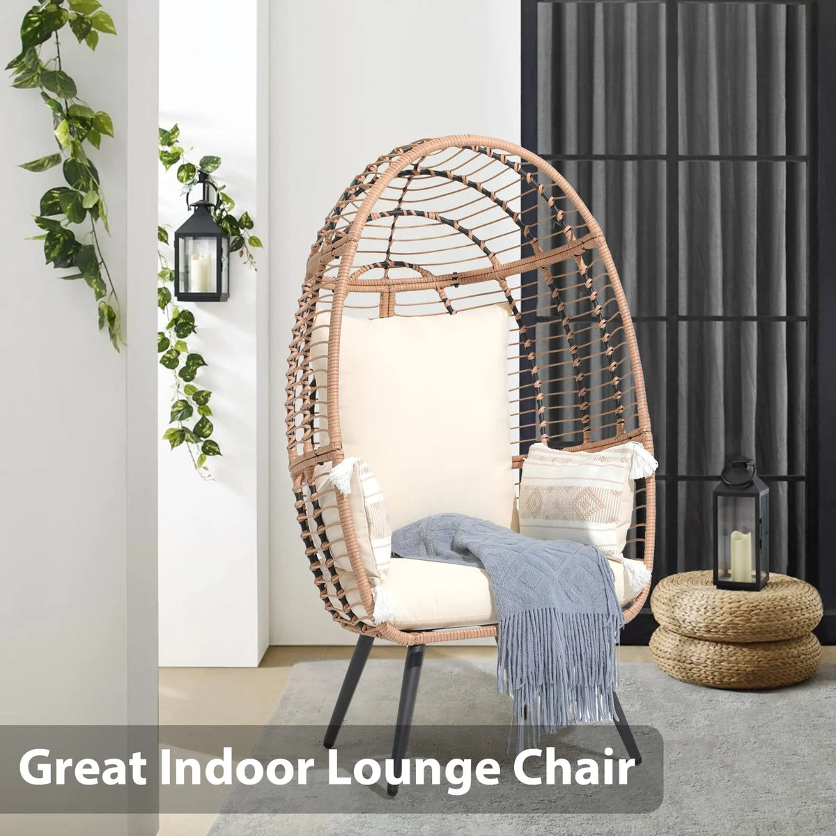 Indoor Outdoor Swing Egg Chair with Stand, Patio Foldable Grey Wicker Rattan Hanging Chair with Cushion, Light Gray