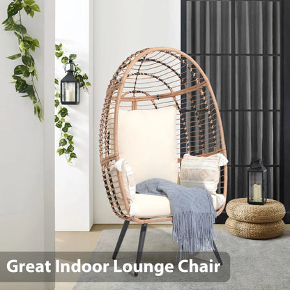 Indoor Outdoor Swing Egg Chair with Stand, Patio Foldable Grey Wicker Rattan Hanging Chair with Cushion, Light Gray