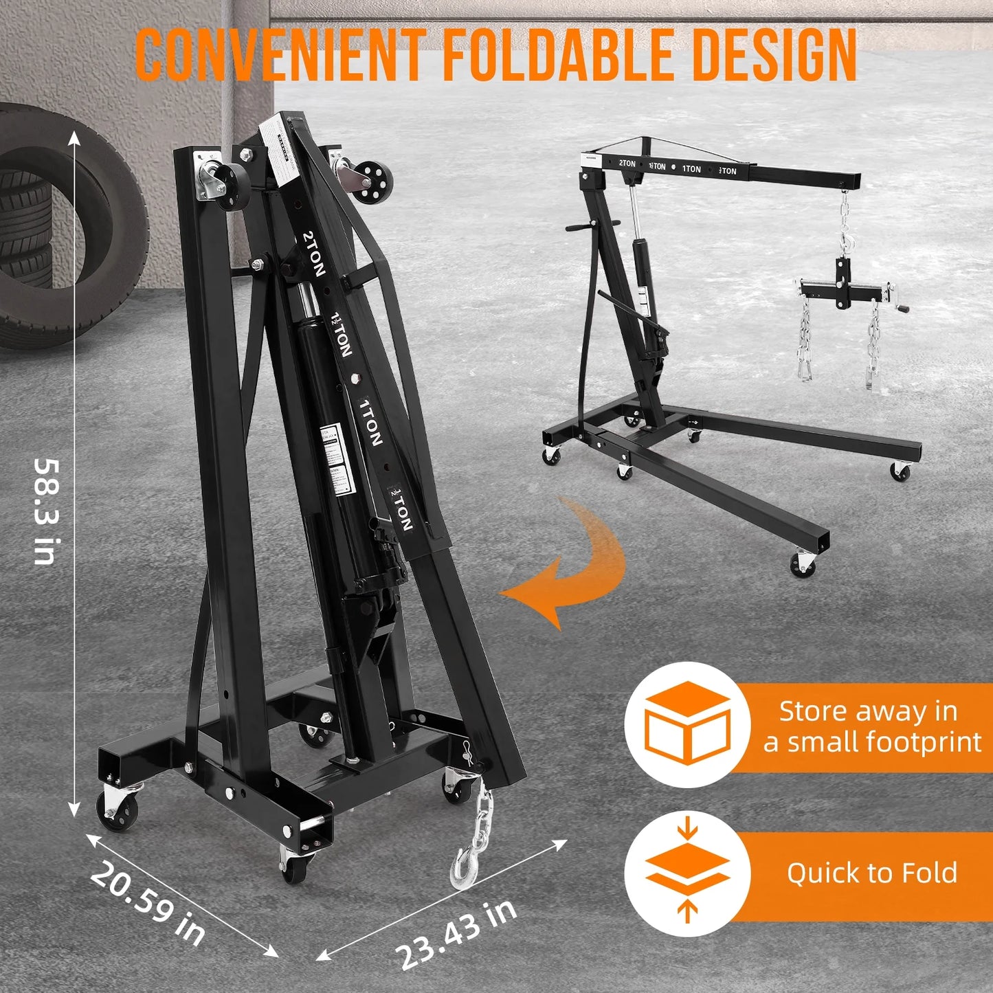 GARVEE 2 Ton Folding Hydraulic Engine Hoist with Lever,Folding Engine Shop Crane Hoist Lift,Heavy Cherry Picker with 6 Wheels for Garage,Workshop,Yellow