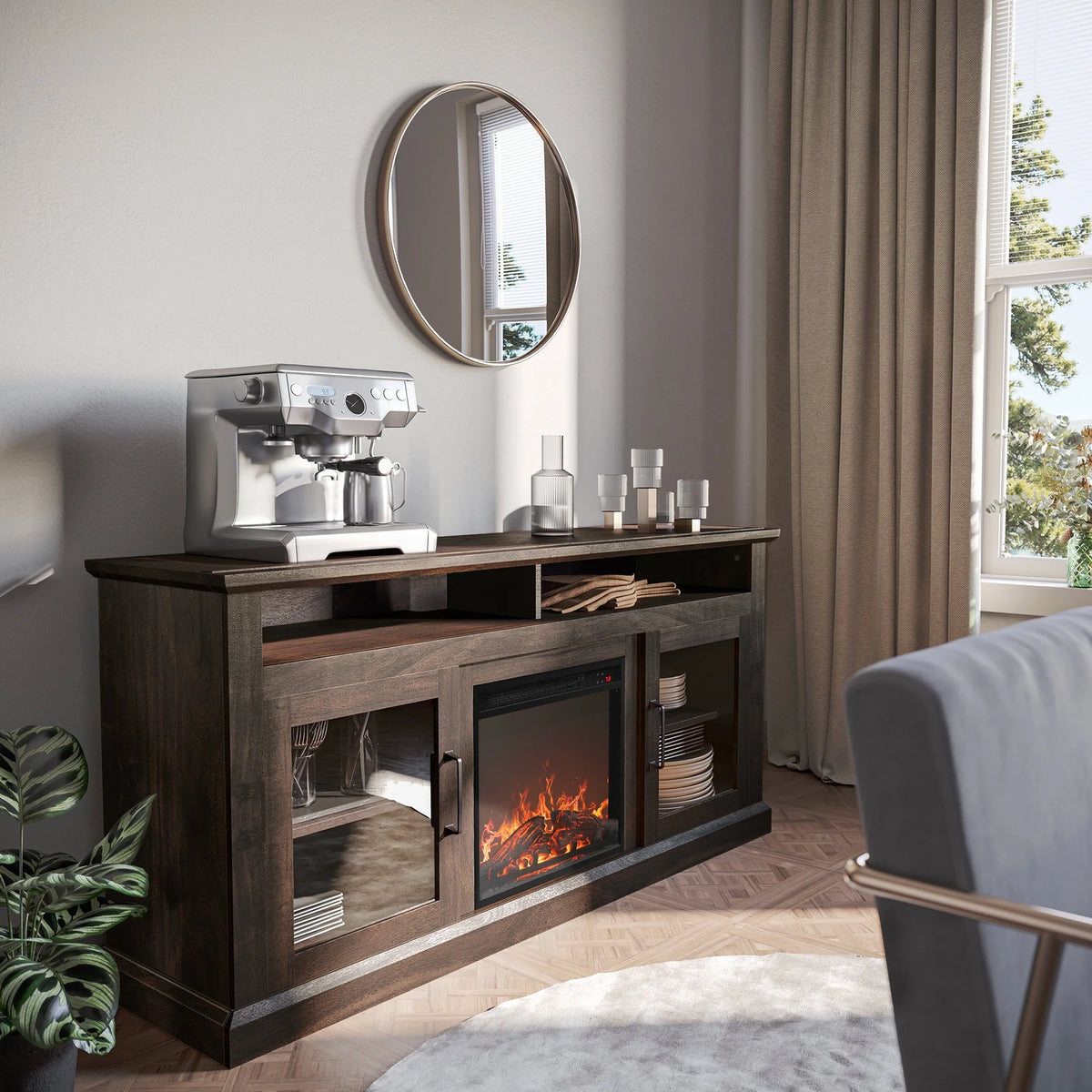 BELLEZE 60" TV Stand with 18" Electric Fireplace, Traditional TV Stand for TVs up to 65", Modern Media Entertainment Center Console Table with Open Storage Shelves & Cabinets - Cayman (Rustic Grey)