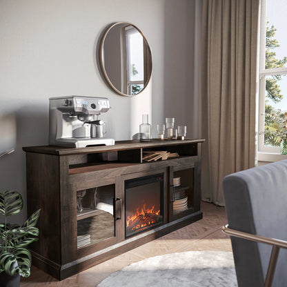 BELLEZE 60" TV Stand with 18" Electric Fireplace, Traditional TV Stand for TVs up to 65", Modern Media Entertainment Center Console Table with Open Storage Shelves & Cabinets - Cayman (Rustic Grey)