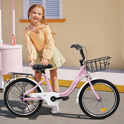 20 Inch Kids Bike for Boys Girls, 1 Speed Children Bicycle with Basket, Rear Seat, Chain Guard, Coaster Brake and V-Brake, Steel Frame Kids Bike for Ages 6-12 Years Old Birthday Gift, Purple