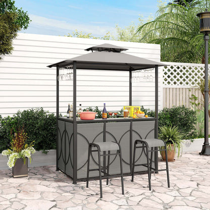 Costway 3 PCS Patio Bar Set with Tempered Glass Bar Table Metal Storage Shelves for Garden Grey