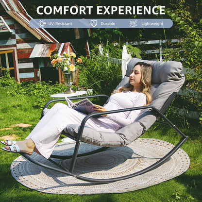 RADIATA Oversized Rocking Chair with Footrest, RADIATA Patio Papasan Rocking Recliner for Indoor Outdoor Use, Heavy Duty Wicker Lounge Chair, 450lbs, Beige