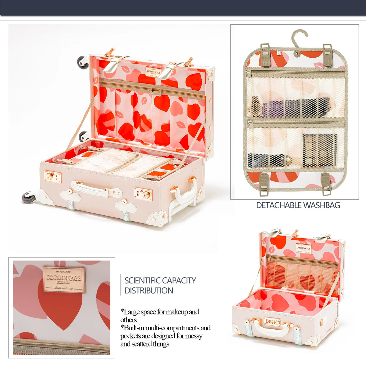 COTRUNKAGE Vintage Trunk Luggage Set TSA Lock Carry On Suitcase for Women (13" & 20", Pink Floral)
