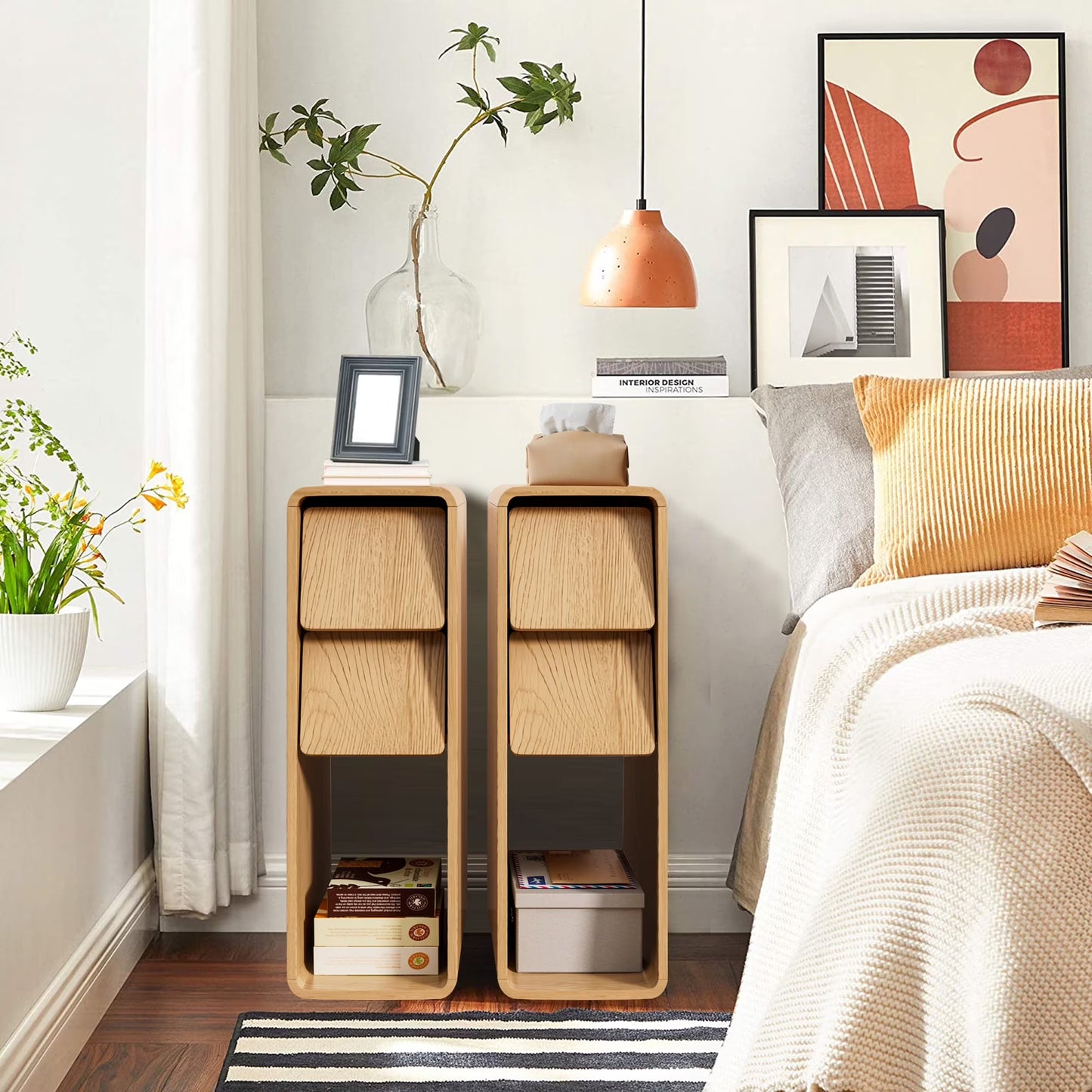 End Tables Set of 2, Small Side Table, Slim Side Table, Wood 2 Drawer Narrow Nightstand