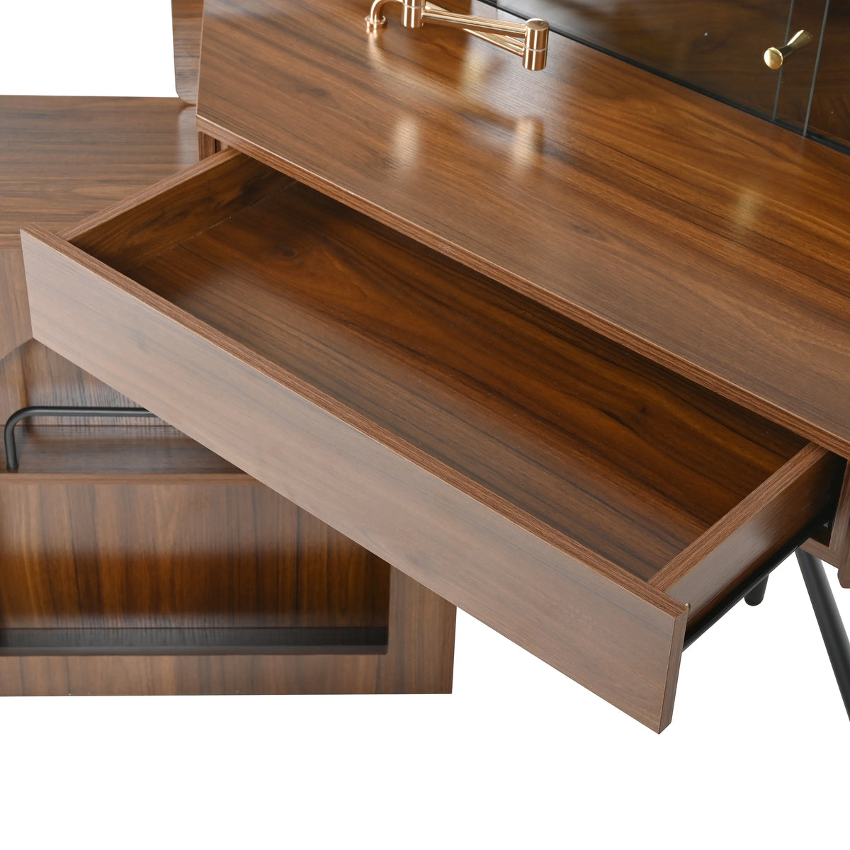 MODERNLUXE Corner Makeup Vanity Desk with Folding Mirror and Lights,Modern Vanity Set with 1 Stool,2 Drawers and 3 Shelves for Bedroom,Women, and Girls,Walnut