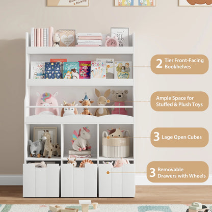 Homfa 55.5�� H Kids Bookshelf with 2-Tier Book Shelves, Children Toy Organizer with 3 Cubes and Removable Drawers, White