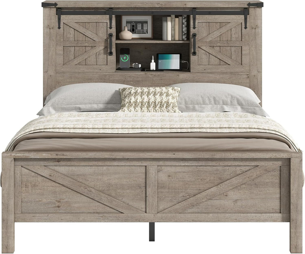 Merluxy Farmhouse Full Bed Frame with Storage Bookcase & Charging Station, Bedroom Furniture, Grey