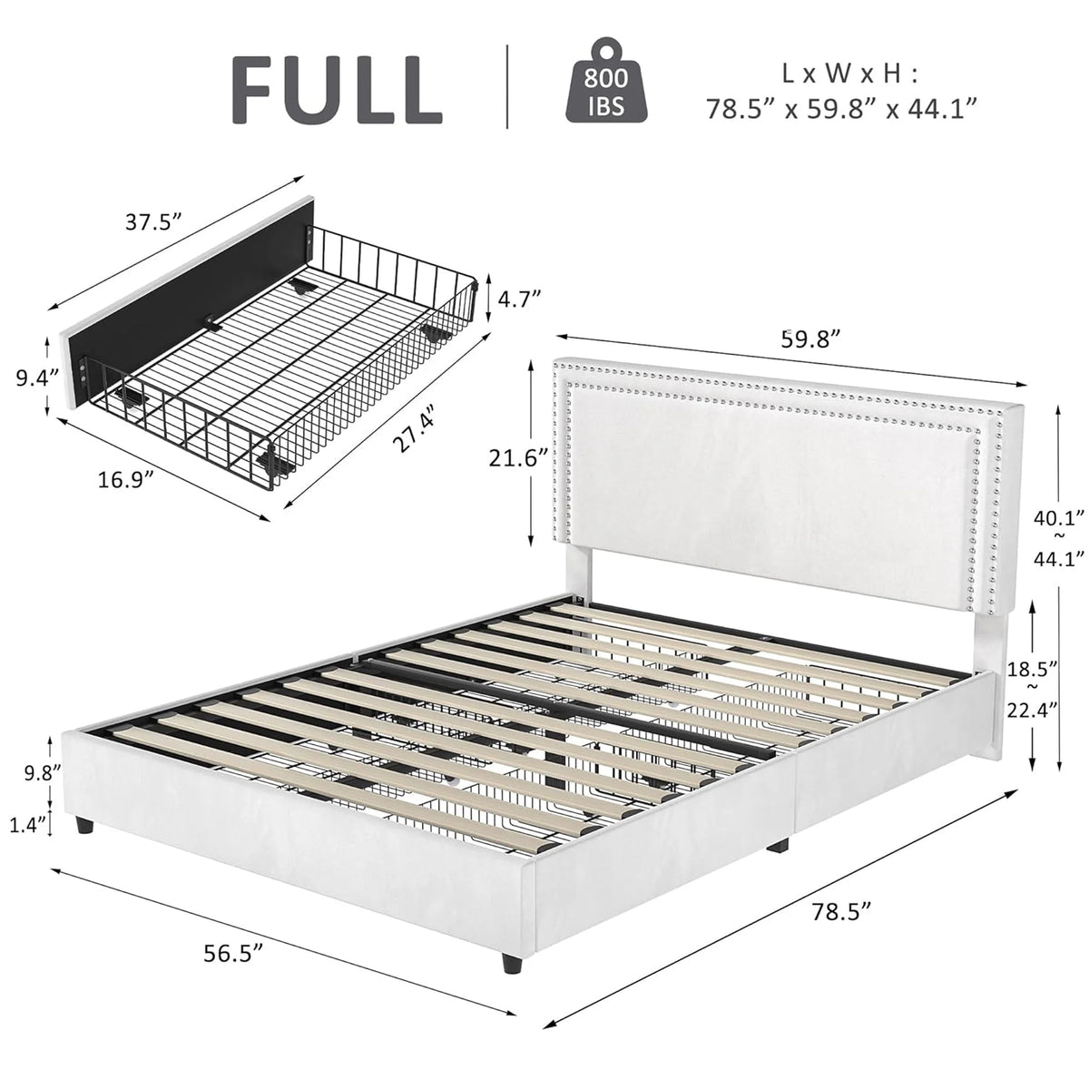 VECELO Full Bed Frame with 4 Storage Drawers (Wheeled) and Tufted Upholstered Adjustable Headboard Platform Bed, Beige