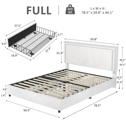VECELO Full Bed Frame with 4 Storage Drawers (Wheeled) and Tufted Upholstered Adjustable Headboard Platform Bed, Beige