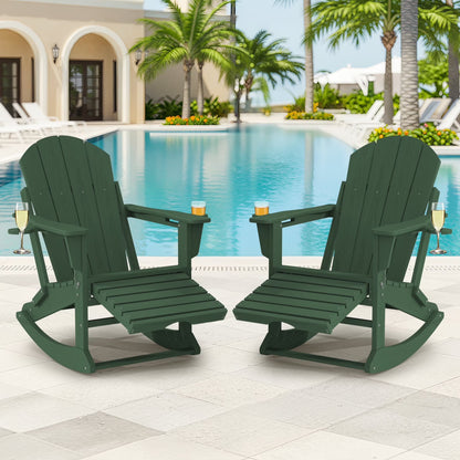 KINGYES Folding Adirondack Rocker Chair Set of 2 W/ Footrest & Dual Cup Holders, HDPE Outdoor Patio Rocking Chair, Black