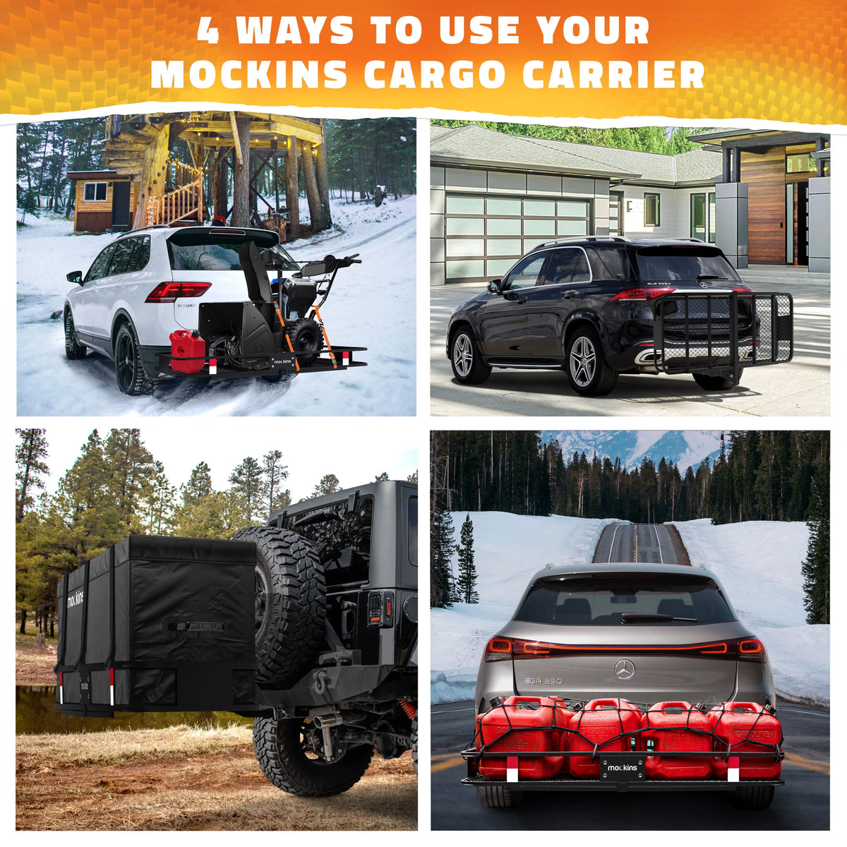 Mockins XL Trailer Hitch Cargo Carrier Hitch Mount | 500 lbs. Hitch Basket Capacity - 60"x24"x6" | 25 Cu. Ft. Bag & Accessories