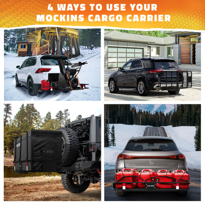Mockins XL Trailer Hitch Cargo Carrier Hitch Mount | 500 lbs. Hitch Basket Capacity - 60"x24"x6" | 25 Cu. Ft. Bag & Accessories
