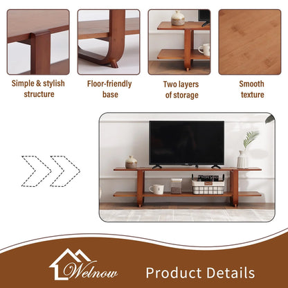 Bamboo TV Stand for Up to 65 Inch, Mid Century Modern Entertainment Center with 2-Tier Open Shelves, Storage Media Console Table for Living Room, Bedroom, Walnut