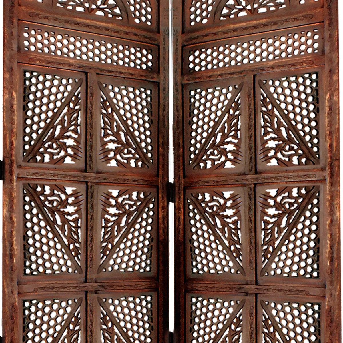 Four Panel Wooden Room Divider with Hand Carved Details in Antique Brown