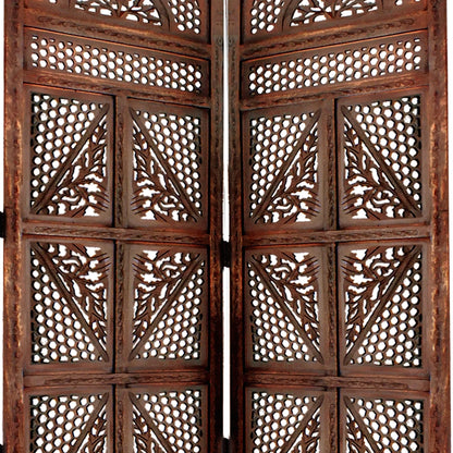 Four Panel Wooden Room Divider with Hand Carved Details in Antique Brown