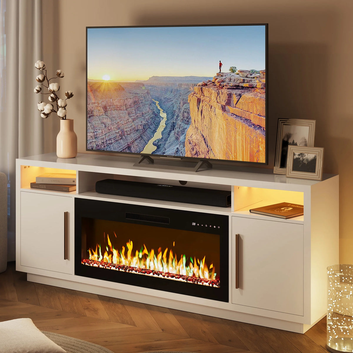 BELLEZE Fireplace TV Stand for TVs Up To 75", Entertainment Center with 36" Electric Fireplace, LED Ambient Lighting, and Storage, Media Console Table 69 Inch - Avenue (Black)