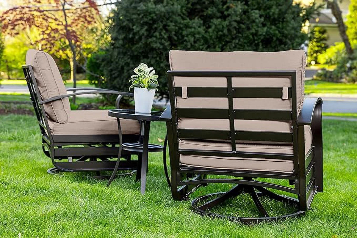 ALAULM 3 Piece Patio Outdoor Aluminum Metal Swivel Rocking Chair with 1 Coffee Table and 2 Khaki Padded Cushions Outdoor Metal Swivel Rocking Chair Furniture Conversation Set for Porch Garden