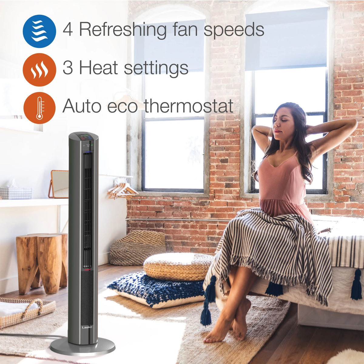 Lasko 42" 1500W All Season Tower Fan & Space Heater with Timer and Remote, White, FH500