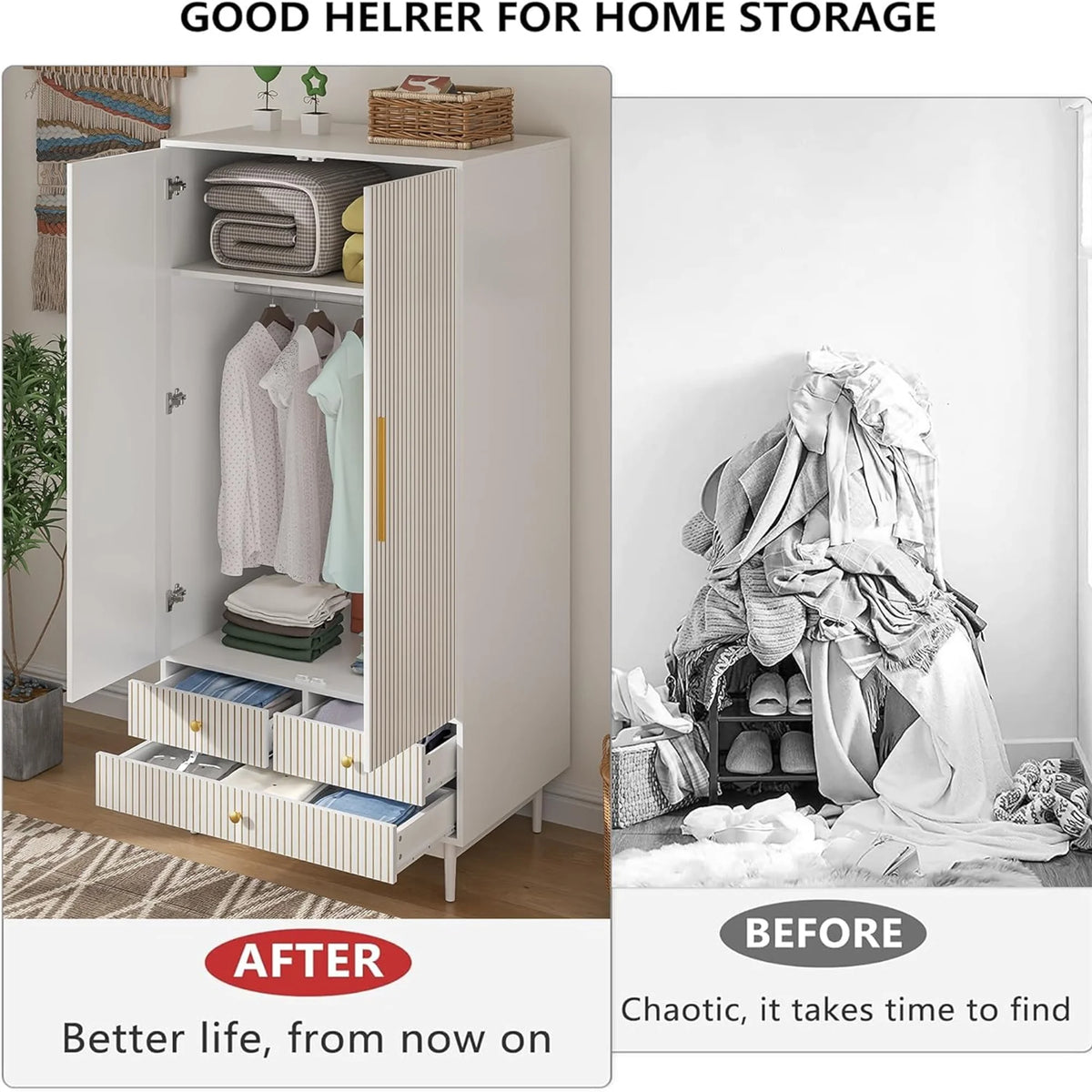 Oubayajia Wardrobe Armoire Closet, 2 Fluted Doors Wardrobe Cabinet with 3-Drawer and Hanging Rod, Wood Wardrobe Storage for Bedroom