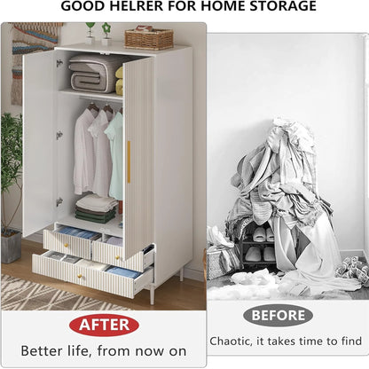 Oubayajia Wardrobe Armoire Closet, 2 Fluted Doors Wardrobe Cabinet with 3-Drawer and Hanging Rod, Wood Wardrobe Storage for Bedroom