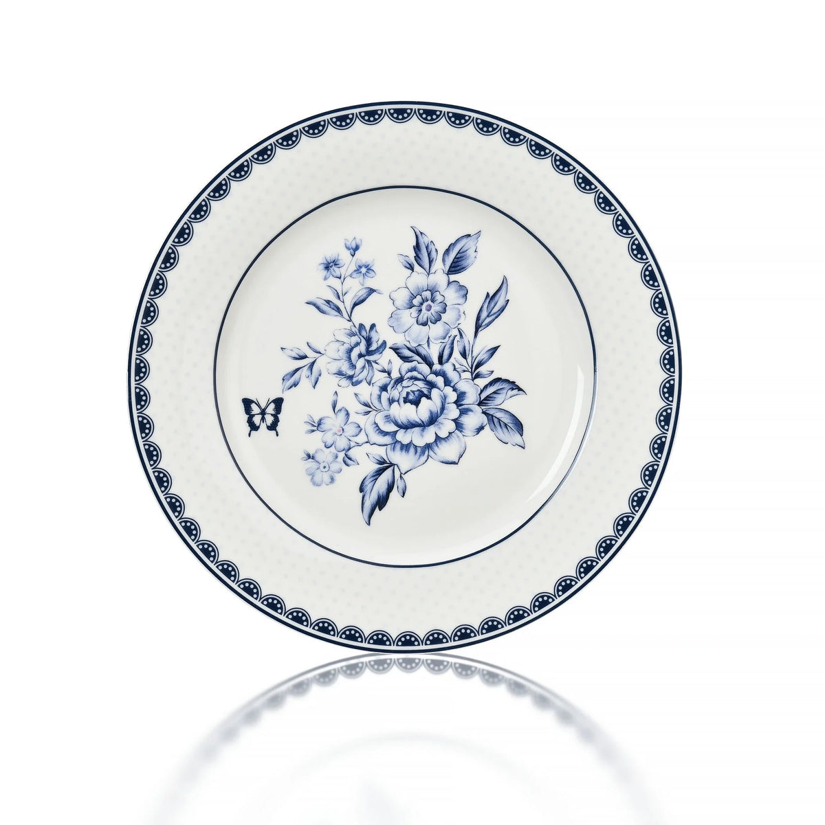STP GOODS Melodie de Fleurs Bone China Dinnerware Set of 24 Service for 6 24-Piece Dish Set of Plates and Bowls, Blue Gold White