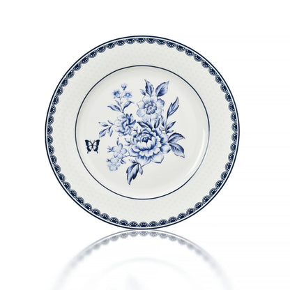 STP GOODS Melodie de Fleurs Bone China Dinnerware Set of 24 Service for 6 24-Piece Dish Set of Plates and Bowls, Blue Gold White