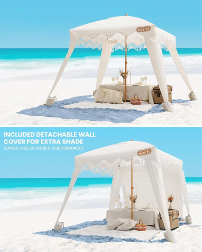OutdoorMaster Beach Cabana with Fringe, Portable 6' x 6' Beach Canopy, Easy Set Up Beach Shelter, Included Side Wall, UPF 50+ UV Protection Sun Umbrella - for Kids, Family & Friends