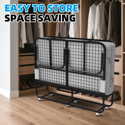 Folding Bed with Mattress 75" x 31" Cot Size Folded Bed, Rollaway Guest Bed Portable Foldable Extra Bed for Adults Daybed with 5" Memory Foam Mattress Space-Saving Sturdy Metal Grid Frame