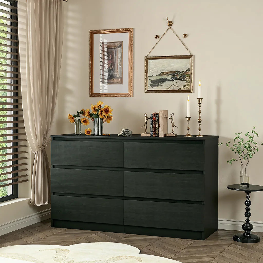 Kadyn Modern 6 Drawer Dresser Wood Cabinet,Dresser for Bedroom, Kitchen Storage Cabinet with Drawers, Chest of Drawers(Black)