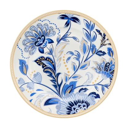 STP GOODS Melodie de Fleurs Bone China Dinnerware Set of 24 Service for 6 24-Piece Dish Set of Plates and Bowls, Blue Gold White