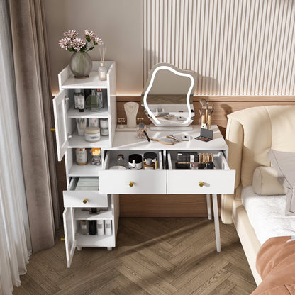 Montary Modern Mini Vanity w/Adjustable LED Mirror + Hidden Storage, Padded Stool & Dustproof Shelves (White)