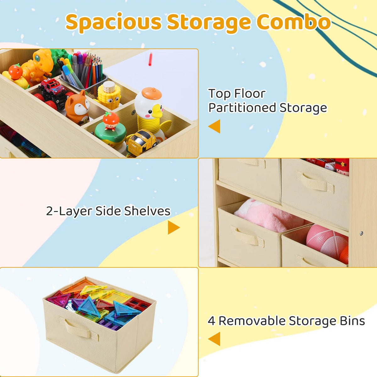 Pirecart Kids Art Table and 2 Chairs Toddler Craft Set Wooden Play Activity Drawing Table with 4 Storage Bins and Paper Roll