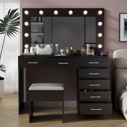 Ktaxon Large Makeup Vanity, Vanity Table Set w/ Visible Glass Top w/ Charging Station, White