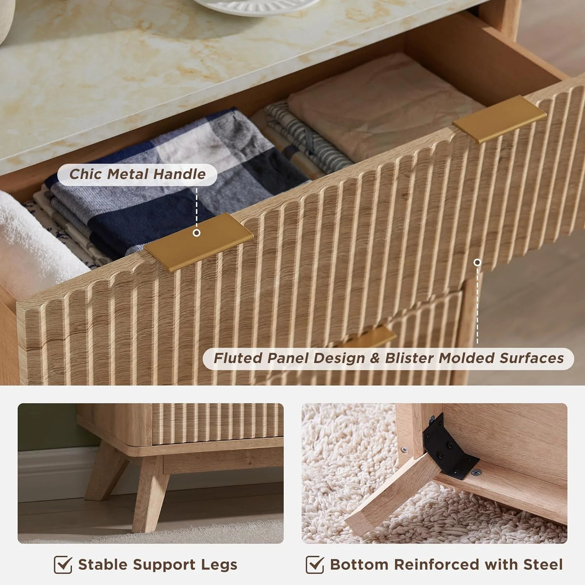 OKD 6 Drawer Dresser for Bedroom with Faux Marble Top, Modern Wood Chest of Drawers, Dresser Organizer, Natural Oak