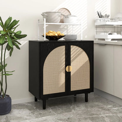 Tcbosik Rattan Storage Cabinet, Boho Sideboard Buffet Cabinet, Accent Cabinet with 2 Doors and Adjustable Shelves, Living Room, Kitchen, Dining Room, Hallyway, Black