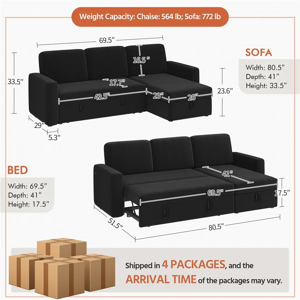 Alden Design Reversible Sectional Sofa with USB & Type-C Ports for Livingroom, Light Gray