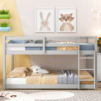 Twin Over Twin Floor Bunk Bed, UHOMEPRO Solid Wood Low Bunk Bed with Safety Rail, Ladder, Heavy Duty Bunk Beds, Space-Saving Bedroom Dorm Furniture, Gray