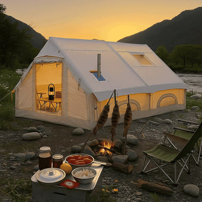 9.8' x 7' Inflatable Camping Tent,4 Season Blow up Tents for Camping, 4-6 Person Inflatable Tent with Stove Jack,Air Tents,Glamping Tent,Waterproof Luxury House with Mesh Window