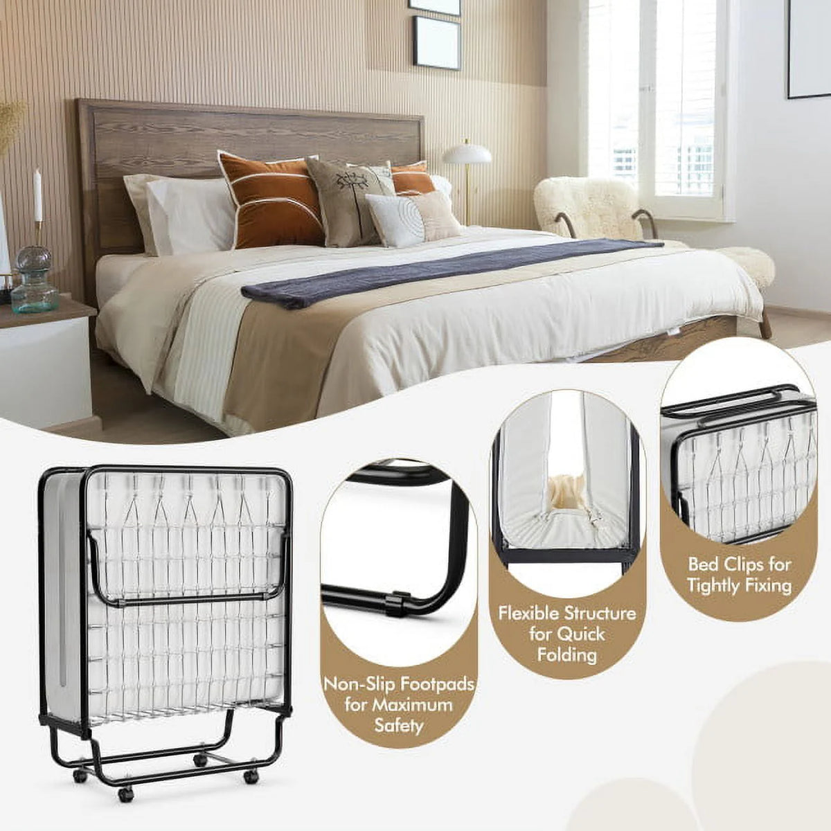 75" x 31" x 13" Folding Bed with Mattress, Rollaway Bed Metal Frame on Wheels, Portable Foldable Guest Bed for Adults, Cot Size Fold up Bed with Memory Foam Mattress