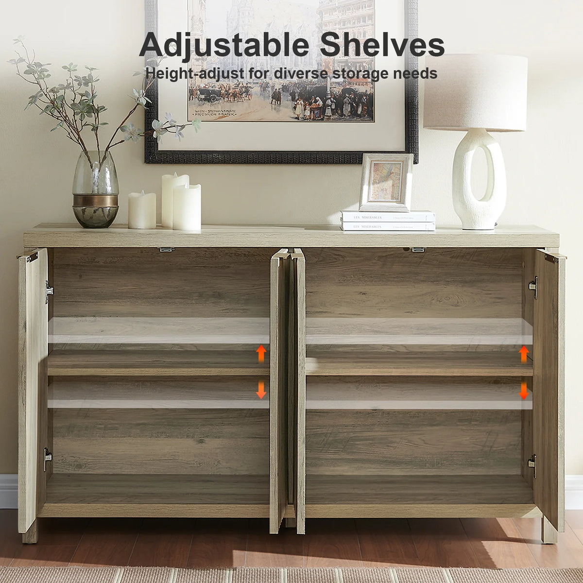 OAKHAM Fluted Sideboard Buffet Cabinet with 4 Doors, Storage Credenza with Adjustable Shelves, Modern Accent Cabinet Console, Sunwashed Ash Oak