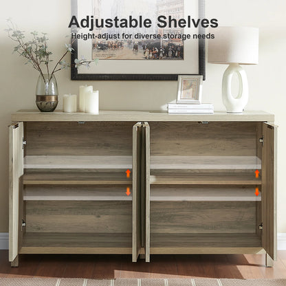 OAKHAM Fluted Sideboard Buffet Cabinet with 4 Doors, Storage Credenza with Adjustable Shelves, Modern Accent Cabinet Console, Sunwashed Ash Oak