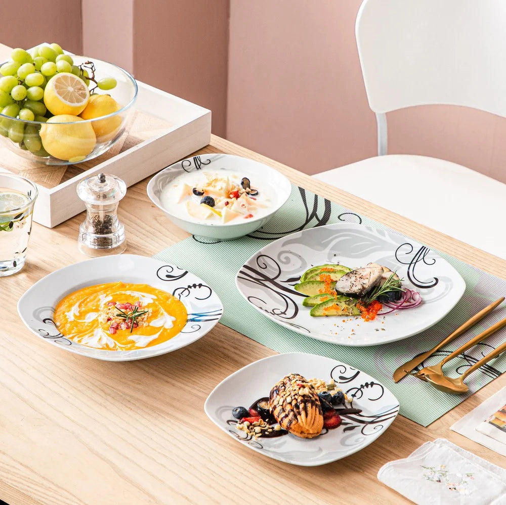 VEWEET ZOEY 24Pc Dinnerware Set Porcelain Tableware Plate Bowl Set Service for 6