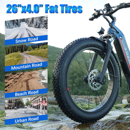 ZDZA Electric Bike for Adults, 26*4.0 Fat Tire 2000W Peak Motor 28MPH E-Mountain Bike, 48V 18Ah Off Road Ebike with Shelves, Dual Shock Absorbers UL2849