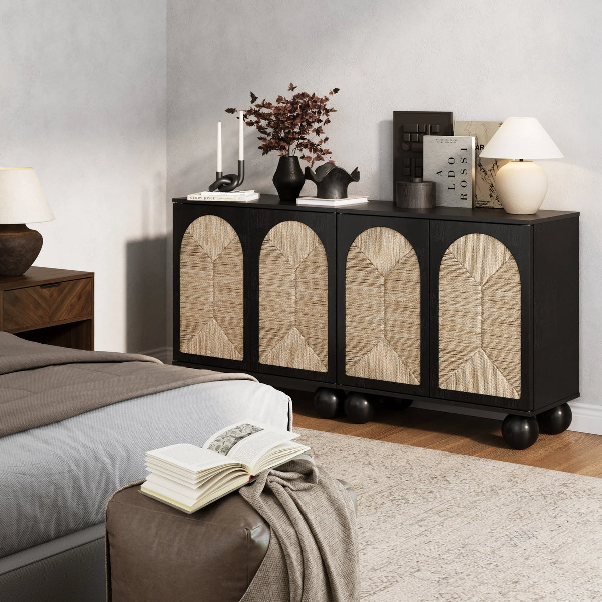 Nathan James Leah Boho Entryway Storage Cabinet or Sideboard Cabinet for Kitchen or Living Room with Ball-Style Feet, Natural Seagrass Door Fronts and Solid Wood Legs, Raw Oak