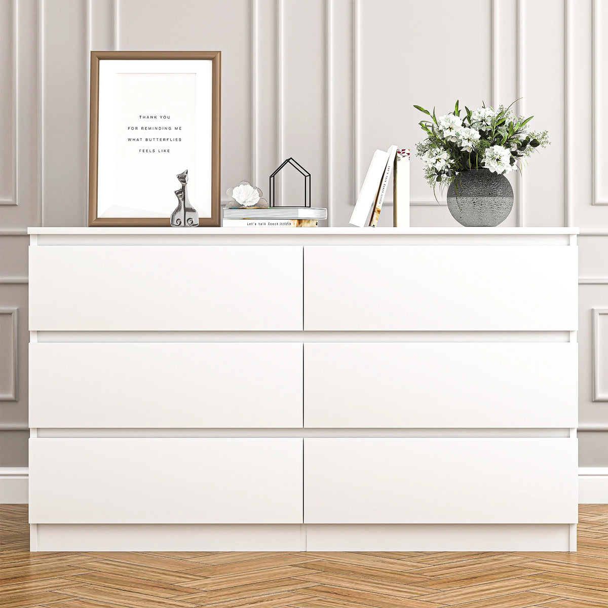 Resenkos Modern Mid Century 6 Drawer Wide Dressers Chests for Bedroom, Chest of Drawer Organizer Grey