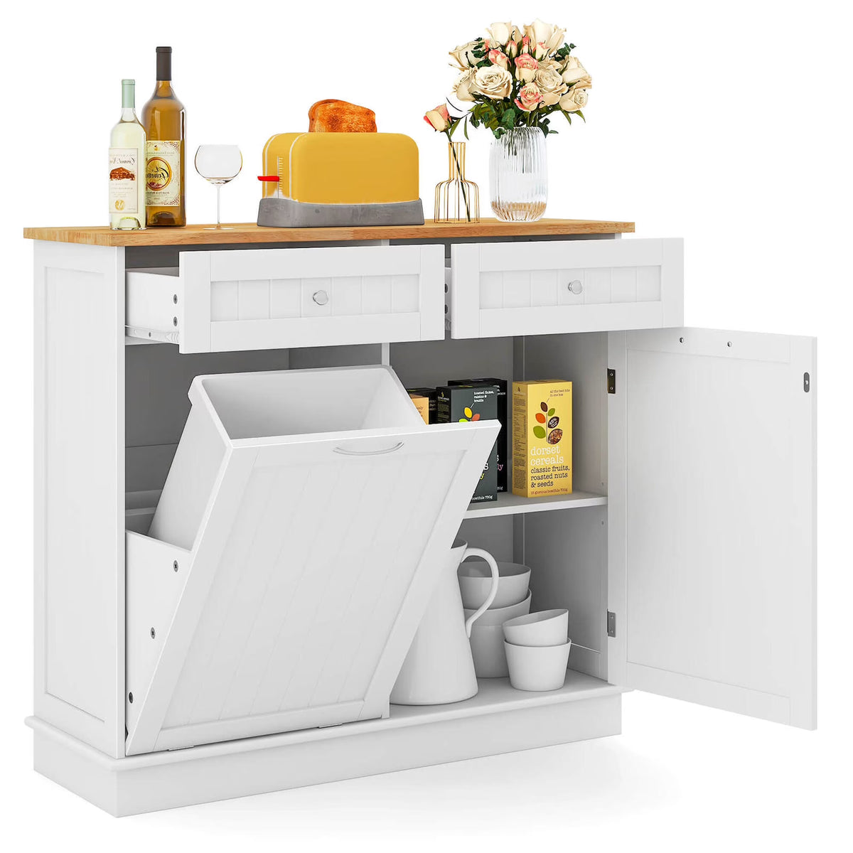 Costway 15.5 Gallon Kitchen Tilt Out Trash Cabinet Rubber Wood Tabletop 2 Drawers Shelf Gray